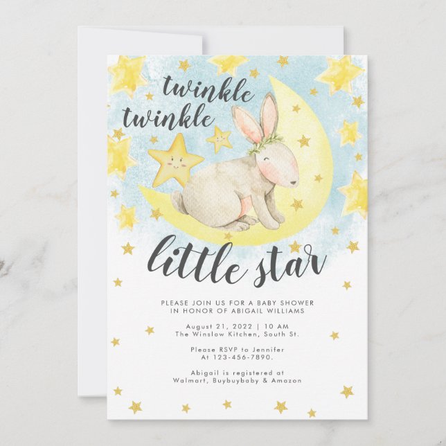 Invitation Cute Rabbit Gold Twinkle Petit Baby shower Star (Devant)