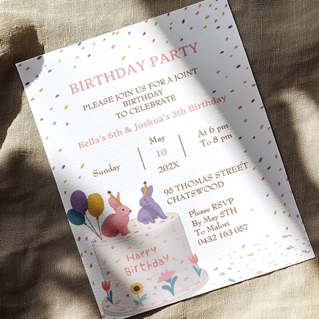 Invitation Cute Rabbits on Cake Joint Birthday Sister Brother (Créateur téléchargé)