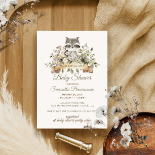 Invitation Cute Raccoon Baby shower botanique en ruban
