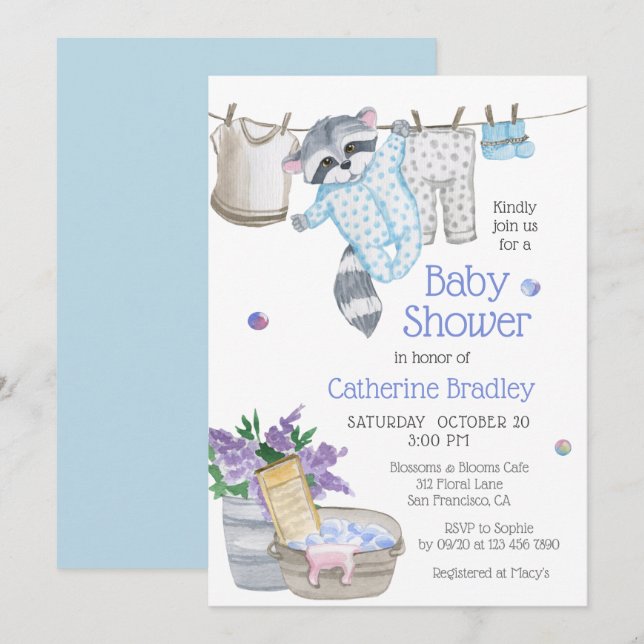 Invitation Cute Raccoon Jour de lavage Baby shower d'aquarell (Devant / Derrière)
