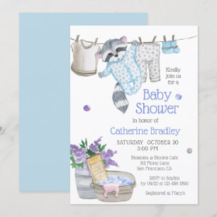 Invitation Cute Raccoon Jour de lavage Baby shower d'aquarell