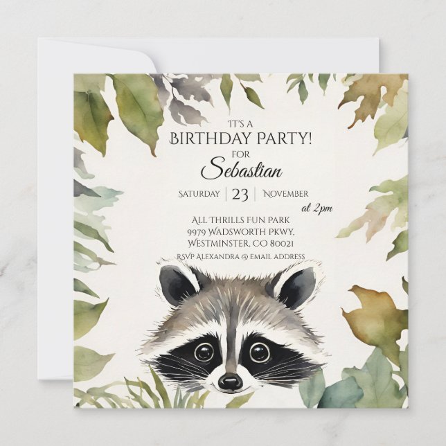 Invitation Cute Raccoon Woodland fête d'anniversaire (Devant)