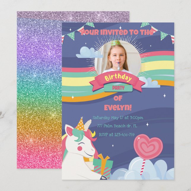 Invitation Cute Rainbow Ajouter Photo Unicorn Anniversaire In (Devant / Derrière)