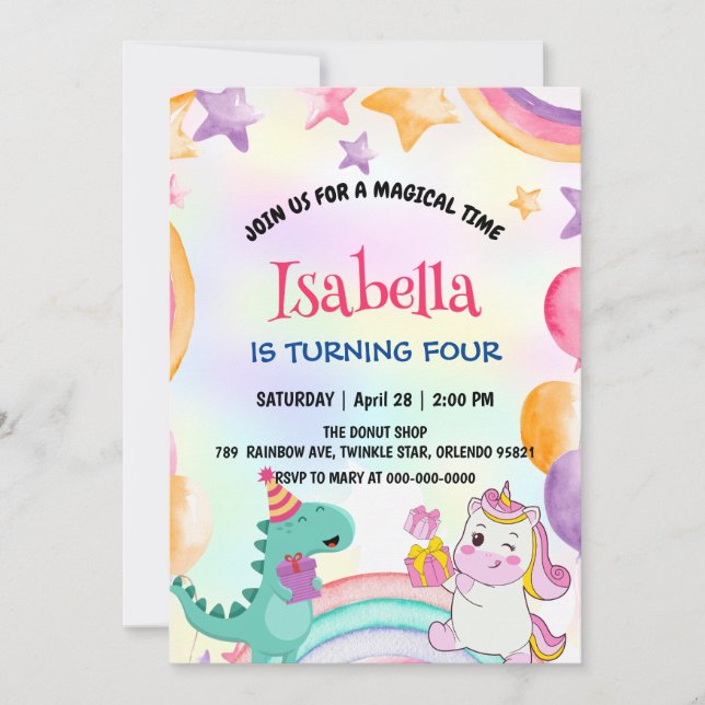 Invitation Cute Rainbow Dinosaur Unicorn fête d'anniversaire (Devant)