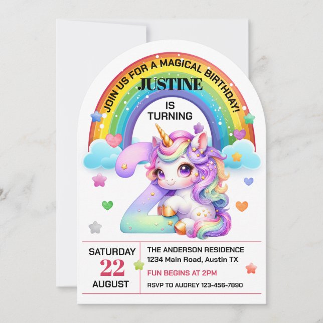 Invitation Cute Rainbow et Unicorn 2e fête d'anniversaire (Devant)
