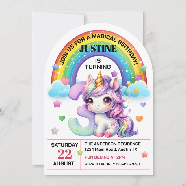 Invitation Cute Rainbow et Unicorn 3ème anniversaire (Devant)