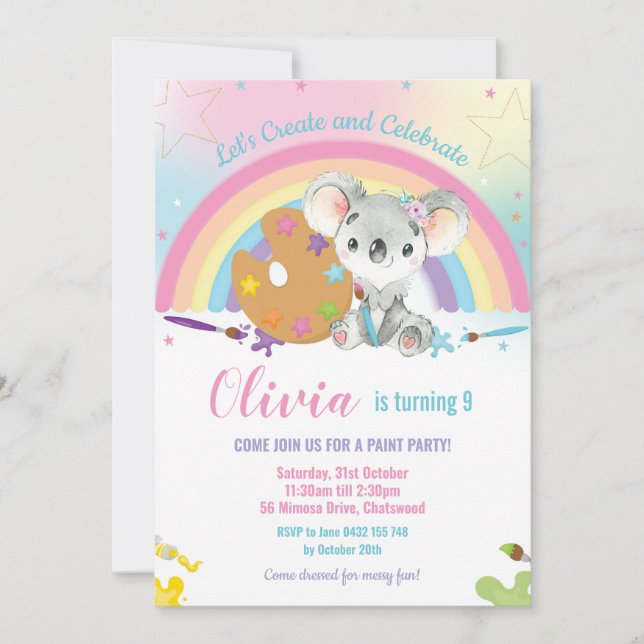 Invitation Cute Rainbow Koala Art Paint Fête d'anniversaire f (Devant)