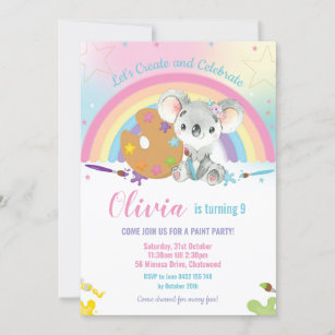Invitation Cute Rainbow Koala Art Paint Fête d'anniversaire f