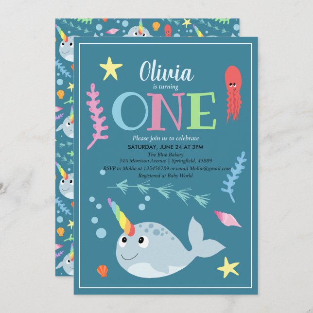 Invitation Cute Rainbow Narwhal Océan et nom 1er anniversaire (Devant / Derrière)