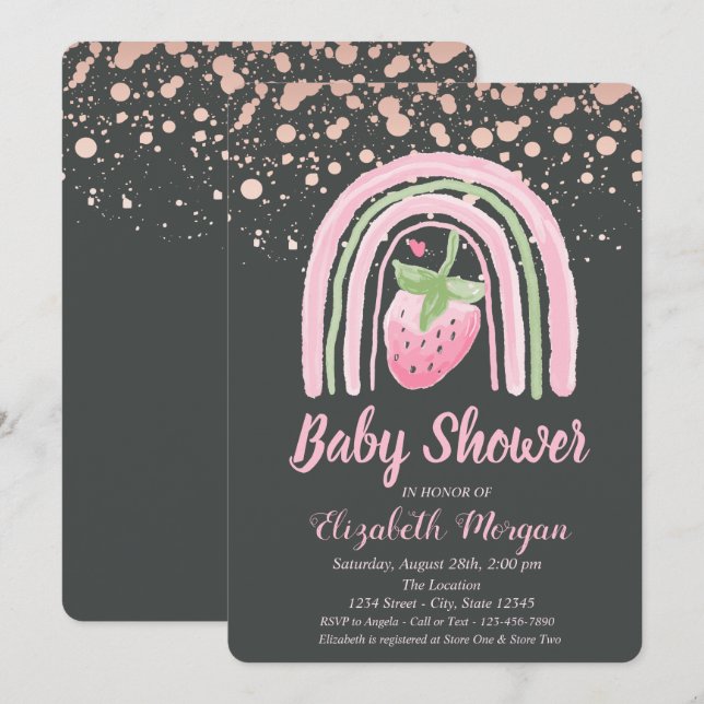 Invitation Cute Rainbow Strawberry, Rose Gold Dots Baby showe (Devant / Derrière)