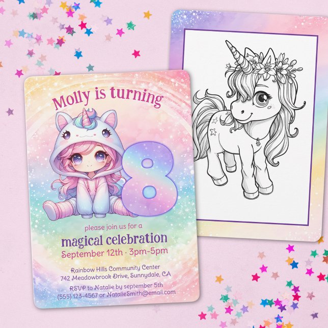 Invitation Cute Rainbow Unicorn 8e anniversaire magique (Créateur téléchargé)