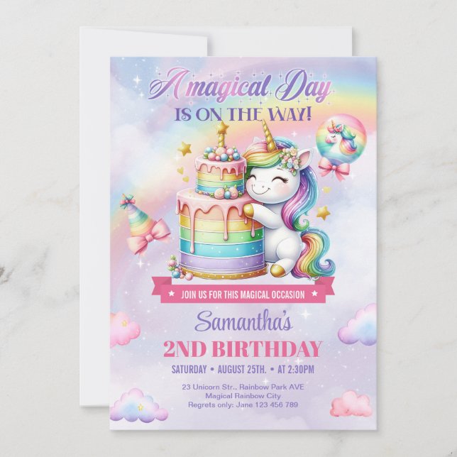 Invitation Cute Rainbow Unicorn Et cake girl deuxième anniver (Devant)