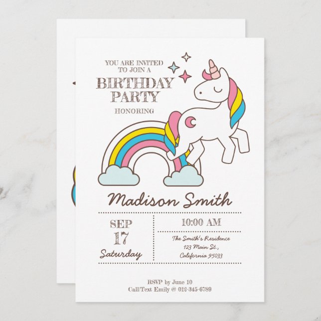 Invitation Cute Rainbow Unicorn Et Étincelles Anniversaire (Devant / Derrière)