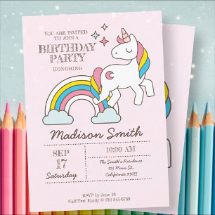 Invitation Cute Rainbow Unicorn Et Étincelles Anniversaire