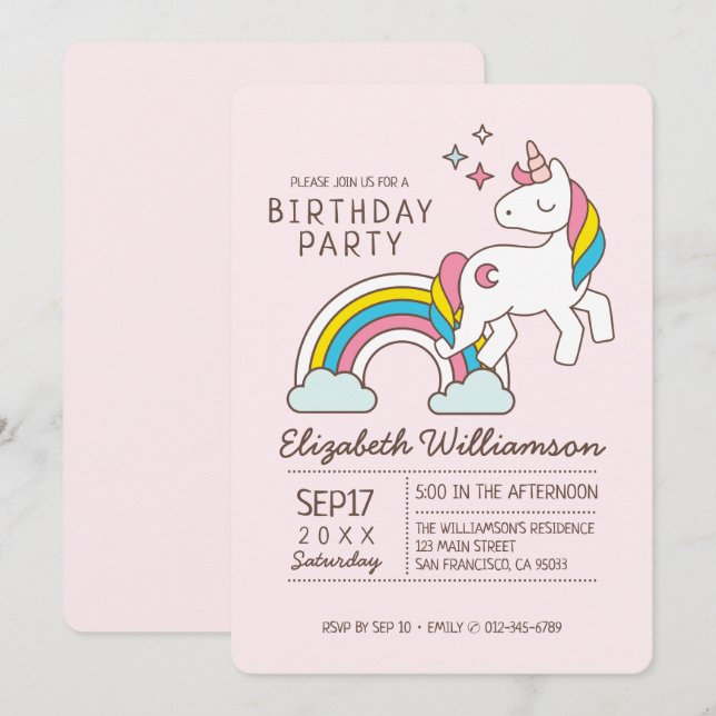 Invitation Cute Rainbow Unicorn Et Étincelles Anniversaire (Devant / Derrière)