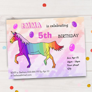 Invitation Cute Rainbow Unicorn Fille fête d'anniversaire