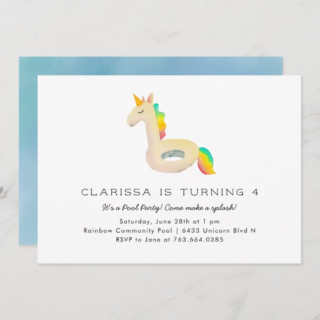 Invitation Cute Rainbow Unicorn Floatie Pool fête d'anniversa (Devant / Derrière)