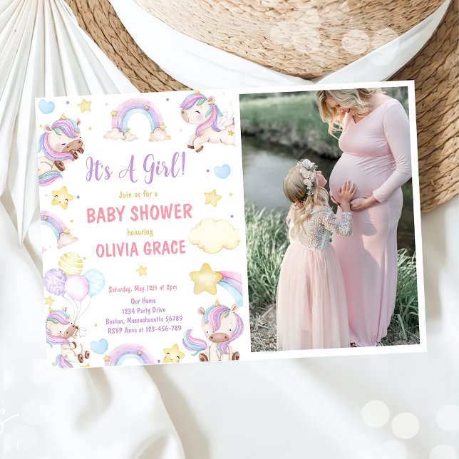 Invitation Cute Rainbow Unicorn Girl Baby shower photo (Créateur téléchargé)