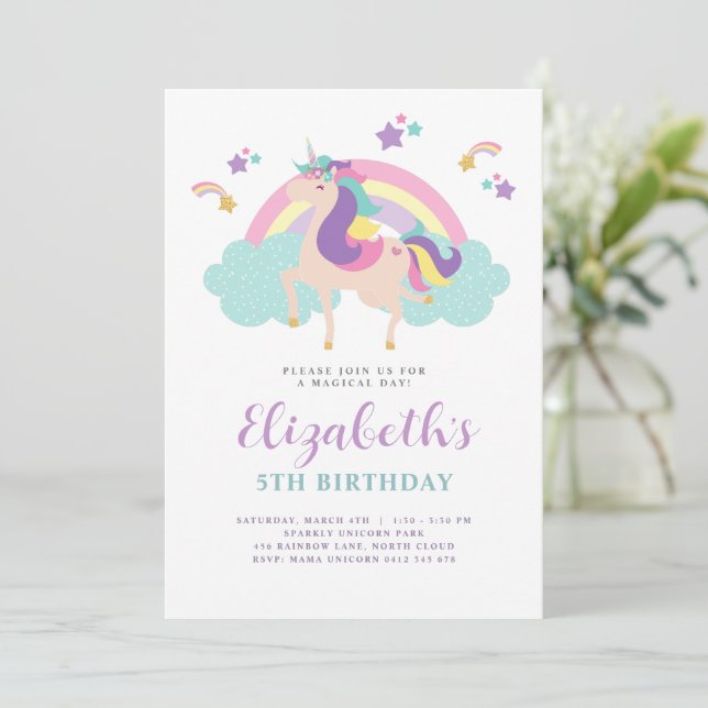 Invitation Cute Rainbow Unicorn Personnalisé Anniversaire (Debout devant)