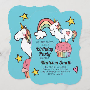 Invitation Cute Rainbow Unicorn Stars Coeurs Anniversaire Fêt