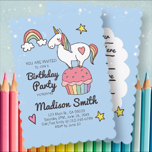 Invitation Cute Rainbow Unicorn Stars Coeurs Anniversaire Fêt