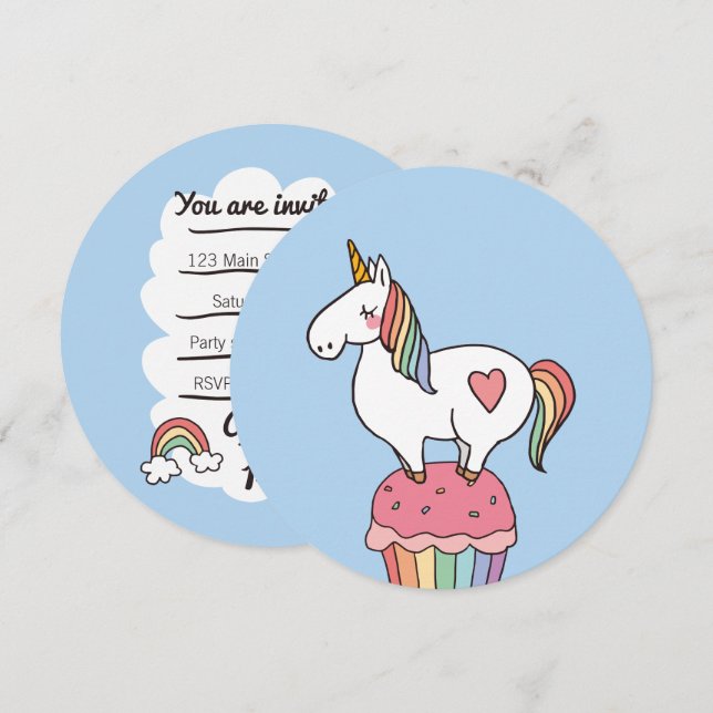 Invitation Cute Rainbow Unicorn sur Anniversaire Cupcake (Devant / Derrière)