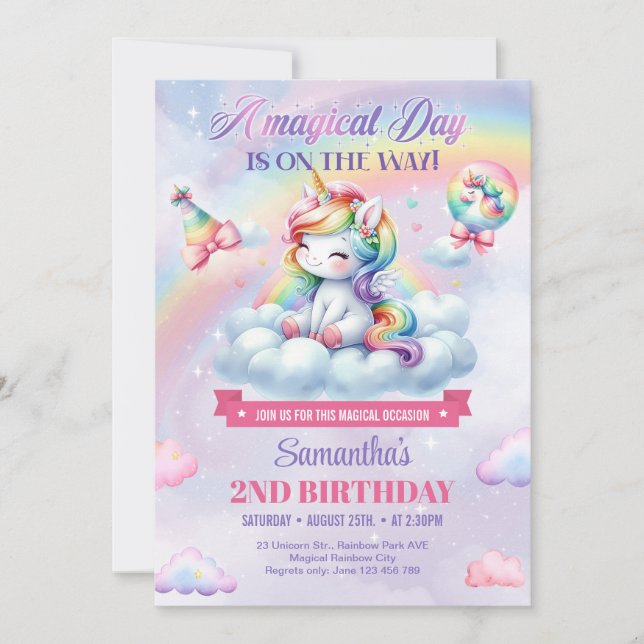 Invitation Cute Rainbow Unicorn sur les filles nuageuses 2e a (Devant)