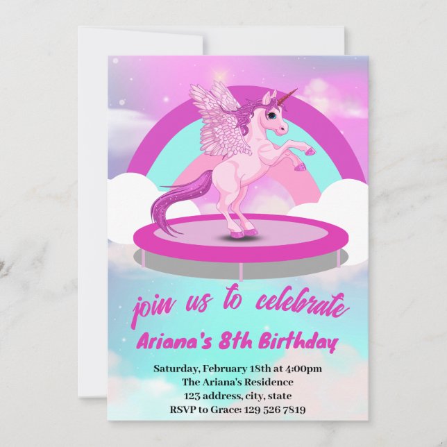 Invitation Cute Rainbow Unicorn Trampoline Anniversaire Invit (Devant)