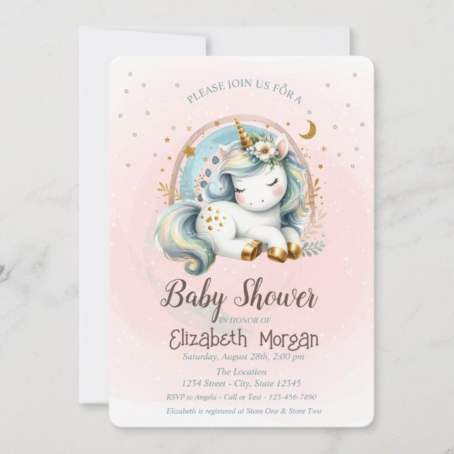 Invitation Cute Rainbows Stars Unicorn Baby shower (Devant)