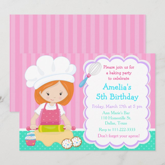 Invitation Cute Red Hair Girl Baking Anniversaire (Devant / Derrière)