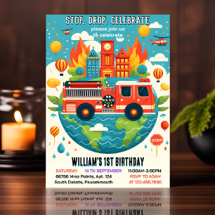 Invitation Cute Red Hot Fire Truck Engine Sécurité 1er annive