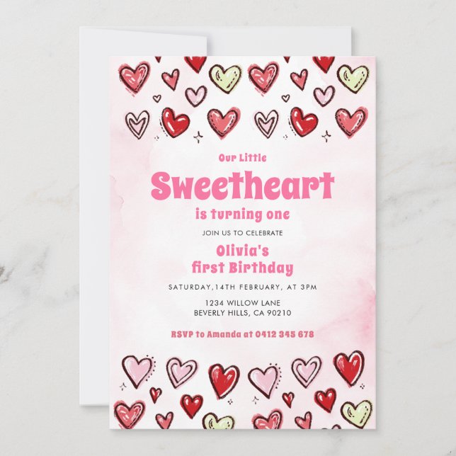 Invitation Cute Red Pink Hearths Valentine 1st Birthday  (Devant)