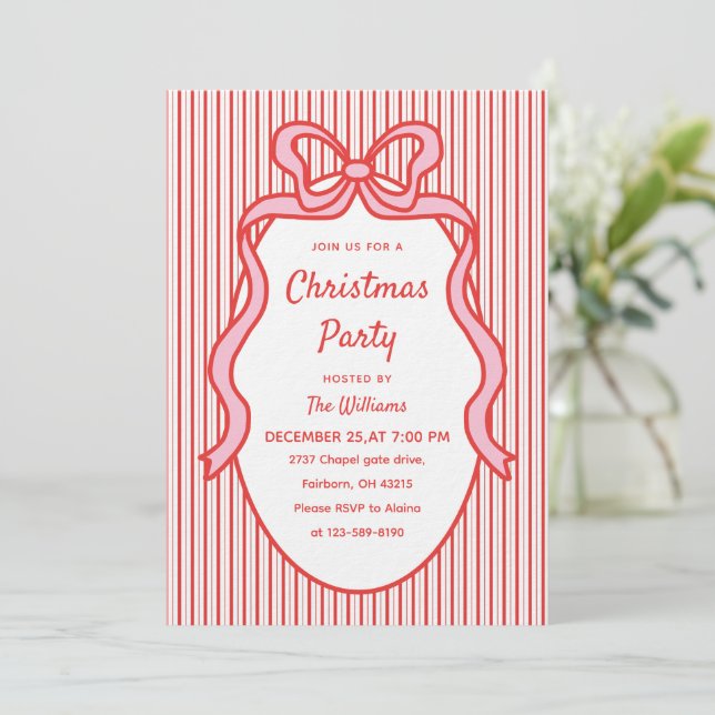 Invitation Cute Red Pink Stripes & Bow Frame Christmas  (Debout devant)