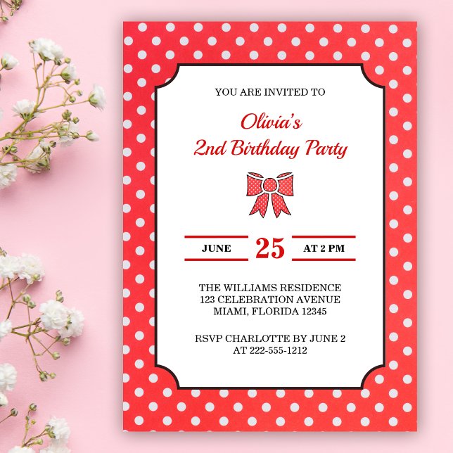Invitation Cute Red Polka Dot Girl 2e fête d'anniversaire (Créateur téléchargé)