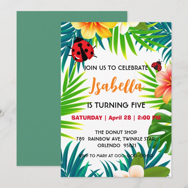Invitation Cute red Polka dot Ladybug summer jungle Birthday (Devant / Derrière)