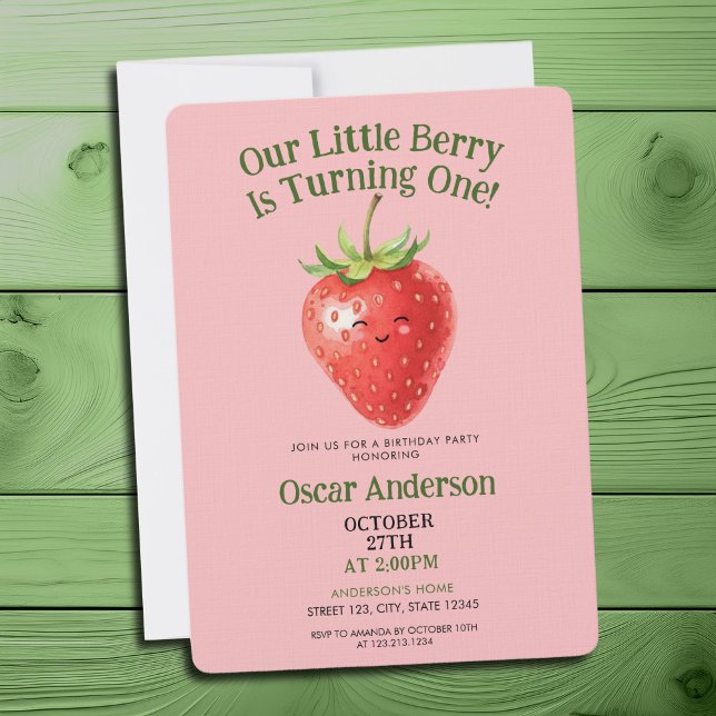 Invitation Cute Red Watercolor Strawberry First Birthday (Créateur téléchargé)