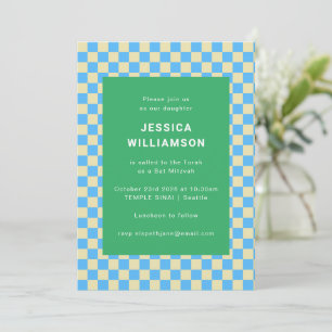 Invitation Cute Retro Checkerboard bleu Vert Bat mitzvah