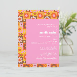 Invitation Cute Retro Groovy Floral Rose Orange Bat Mitzvah