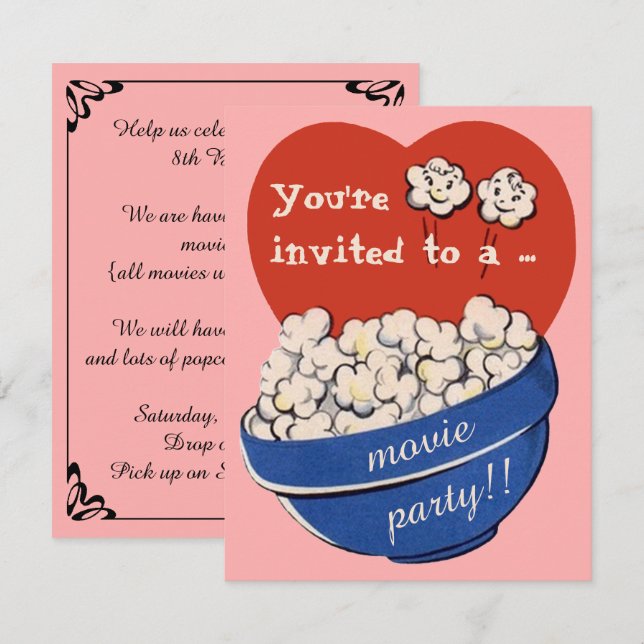 Invitation Cute Retro Popcorn et soirée cinéma Anniversaire (Devant / Derrière)