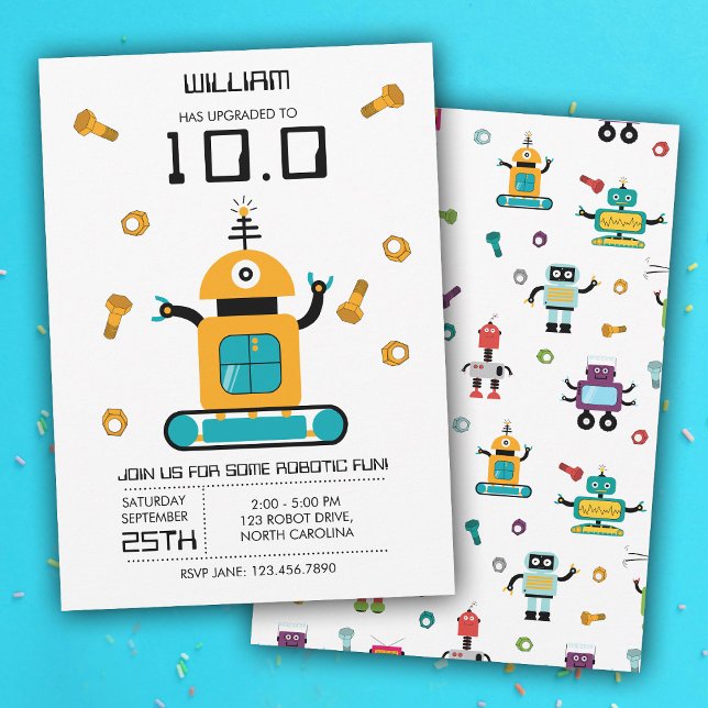 Invitation Cute Robot Jaune Thème Robots Enfants Fête d'anniv (Cute Yellow Robot Theme Kids Robots Birthday Party Invitation)