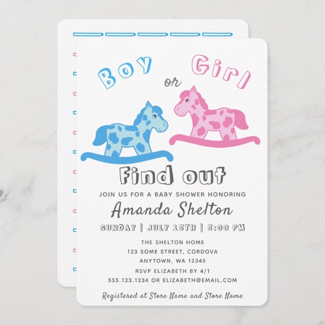 Invitation Cute Rocking Horse Genre Revele Baby shower (Devant / Derrière)