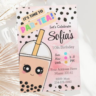 Invitation Cute Rose Boba Tea Girl Anniversaire Fête Invitati