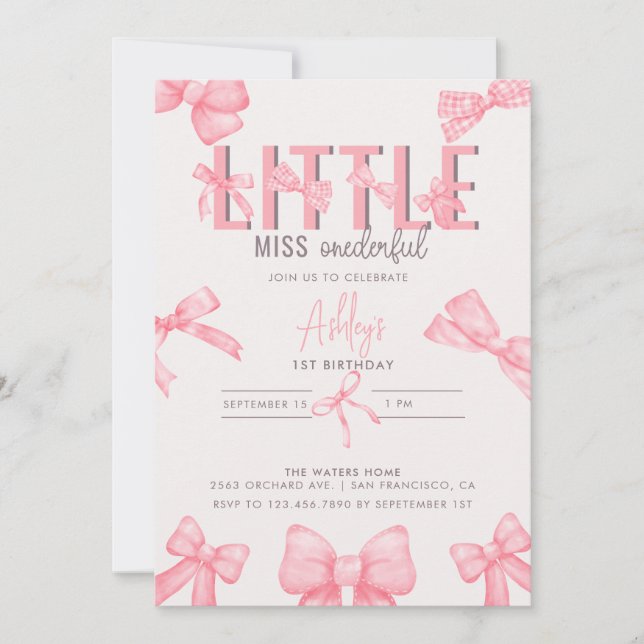 Invitation Cute Rose Bow 1st Girl'Anniversaire (Devant)