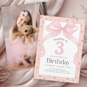 Invitation Cute rose Bow and Dots Photo 3e anniversaire