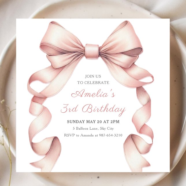 Invitation Cute Rose Bow Élégante Coquette Fille Anniversaire (Celebrate your little one's big day with this adorable, chic, coquette pink bow birthday invitation.)