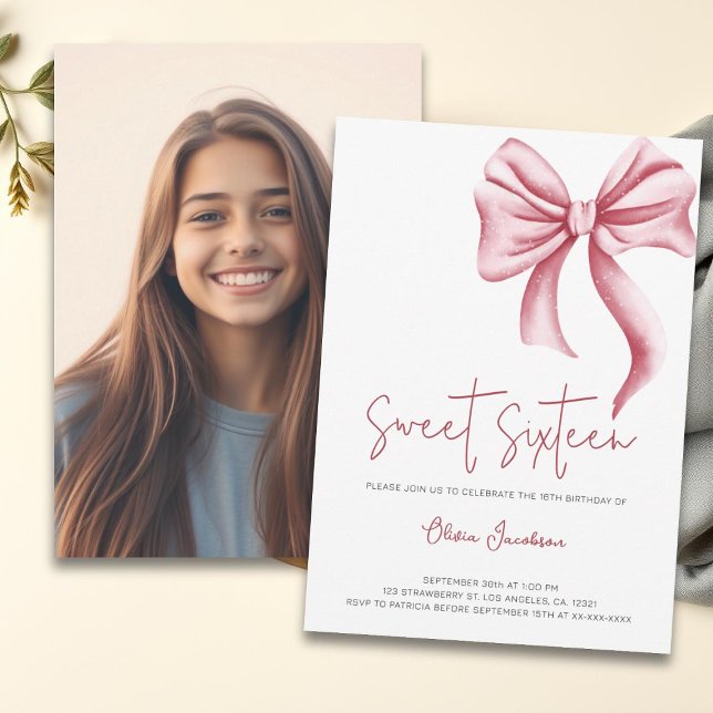 Invitation Cute Rose Bow Girl Sweet sixteen photo Anniversair (Créateur téléchargé)
