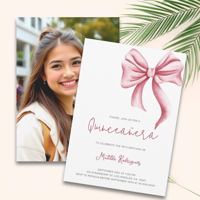 Invitation Cute Rose Bow Girly Quinceanera Photo Anniversaire (Créateur téléchargé)
