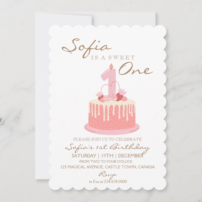 Invitation Cute Rose Cake Bougie Anniversaire 1ère fête (Devant)