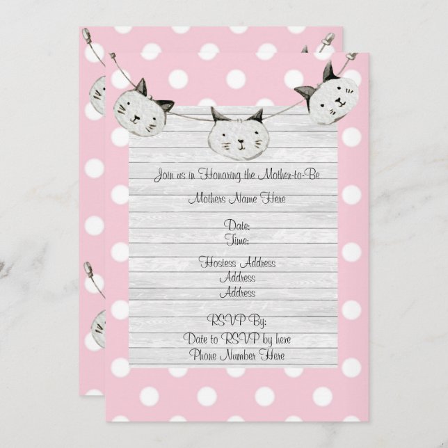 Invitation Cute Rose Cat Girl Polka Dot Baby shower rustique (Devant / Derrière)