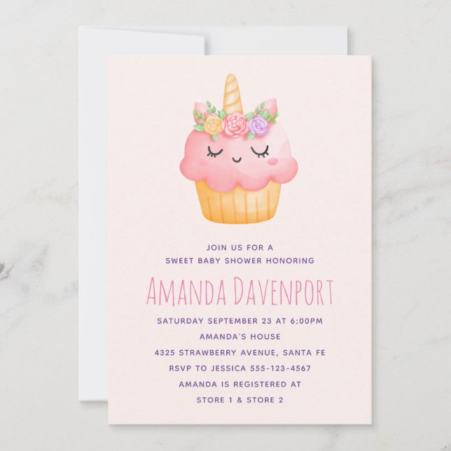 Invitation Cute rose Cupcake Unicorn avec Baby shower Rose (Devant)